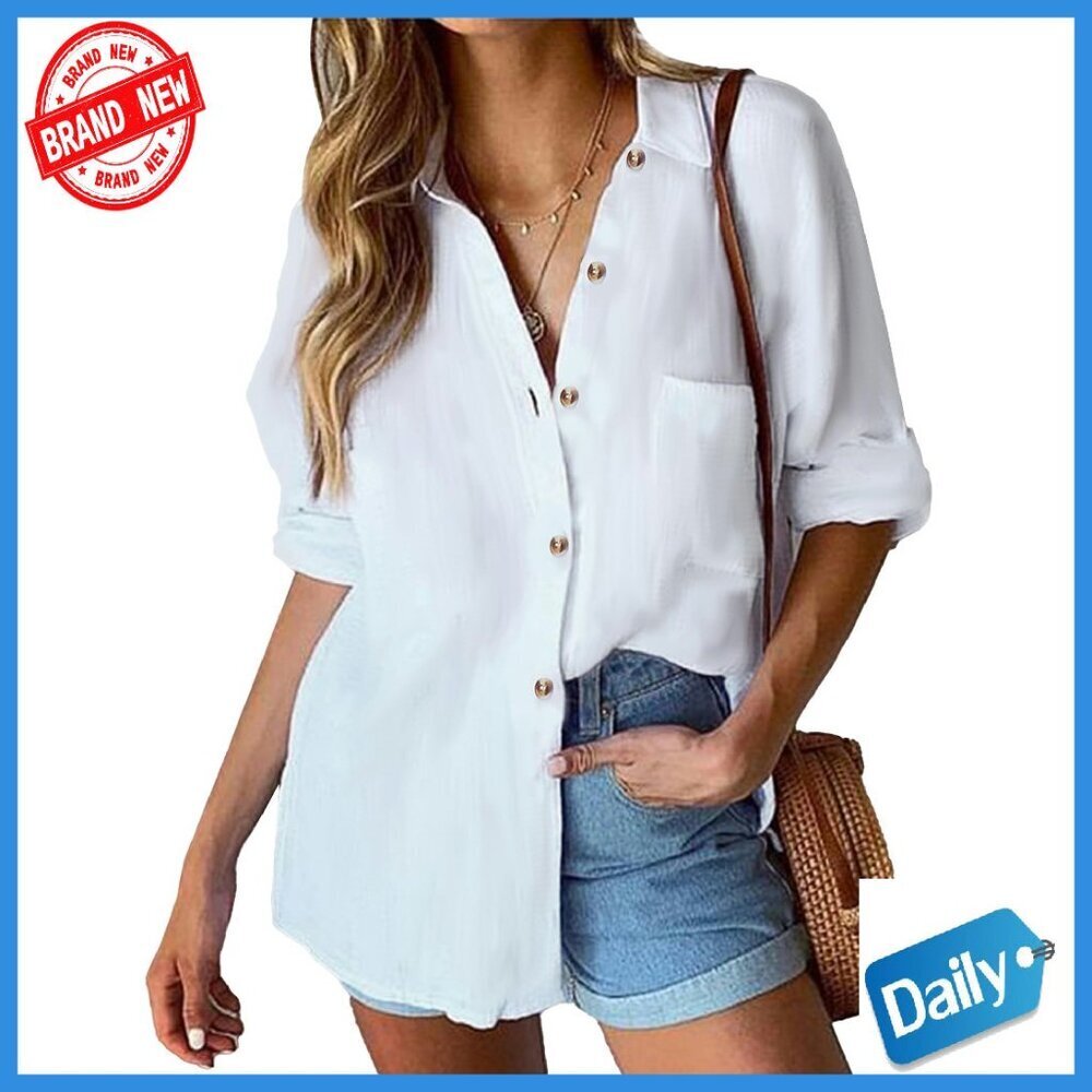 Linen Button Down Shirt Long Sleeve Cotton Blouse Loose Fit Pocket